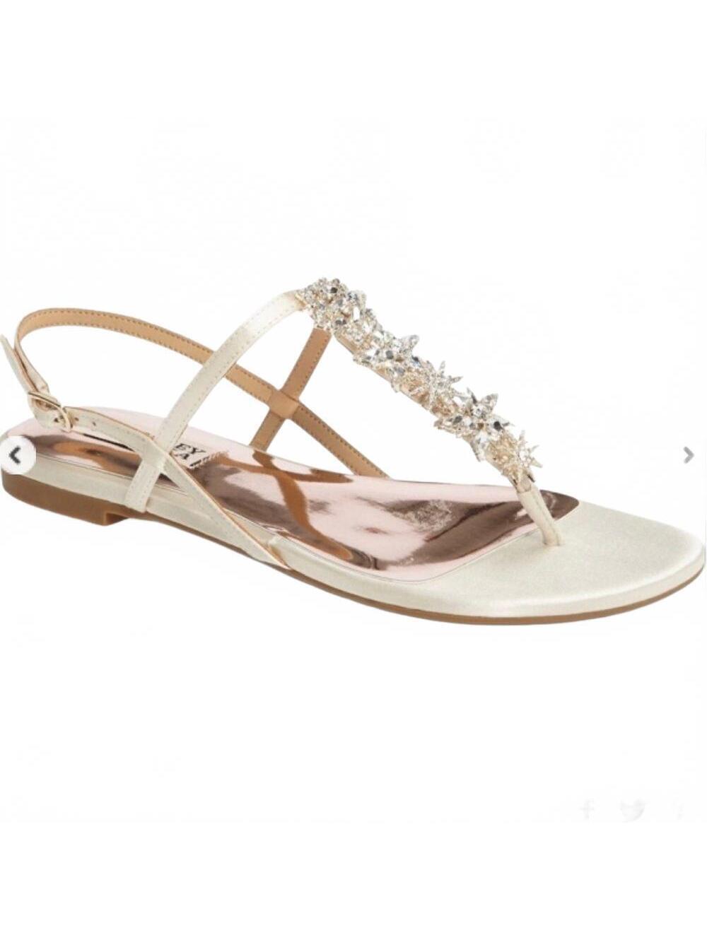 NEW Badgley Mischka Satin Cream Tate Crystal Thong Slingback Flat Sandal 8.5